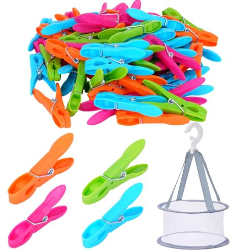 60 Stück Wäscheklammern Groß, 4 Farben von Kunststoff-Wäscheklammern mit Korb, Bunte Feder-Wäscheklammer für Kleidung und Papierhandtücher