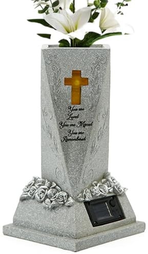 Generico Vaso da Cimitero con Lampada Solare, Decorazioni per Cometery per Fiori Freschi/Artificiali, Vaso Commemorativo in Resina Solare Decorativo per Prato, Cortile, Cimitero e Giardino