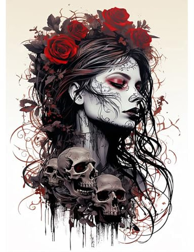 GLIDIAM Diamond Painting Gothic Frau Totenkopf Rosen, Diamant Malerei Bilder Skull Frau Horror, 30x40cm DIY Full Drill Basteln Erwachsene, Mosaik Stickerei Kreuzstich Geschenk für Wanddeko Wohnzimmer