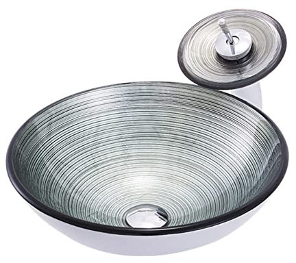 Aufsatzwaschbecken Für Badezimmer, Grau, Rund, Aus Gehärtetem Glas, Waschbecken Mit Fadenmuster, Aufsatzwaschbecken Mit Pop-Up-Ablaufgarnitur, Waschbecken + Wasserhahn, Waschbecken + Wasserhahn