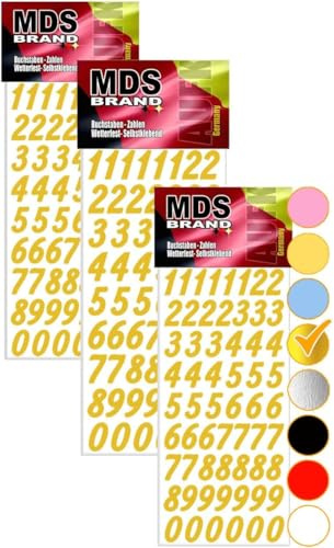 MDS Brand 2cm Zahlen Aufkleber 0-9, Schriftgröße ca. 20 mm, selbstklebend klein Nummer Ziffer, Unsere Klebezahlen sind Ideal für Adventskalender, luftballon und Buro (3, Gold)