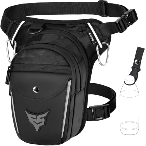 Eshow Sacoche de Jambe Moto Capacité Extensible, Sac Banane Femme Homme avec Bande Réfléchissante, 1 Clip à Gourde, 2 Mousquetons pour Randonnée Pêche