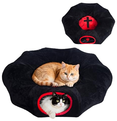 Purrzone Gothic Cat Bed, Coffin Cat Tunnel House with Washable Cushion, Fits Indoor Cats up to 25 lbs, Cute Peekaboo Cave Pet Bed for Kittens, Puppies, Rabbits, Halloween Goth Design, Red & Black
