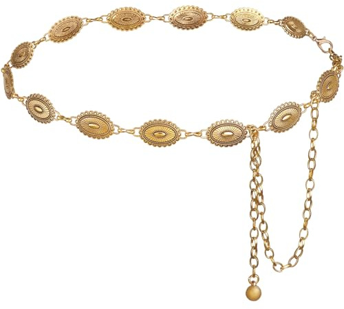 DRESHOW Western Metal Concho Belt for Women Cowgirl Boho Concho Chain Adjustable Gold Vintage Waist Chain for Women for Dresses Jeans Country Concert