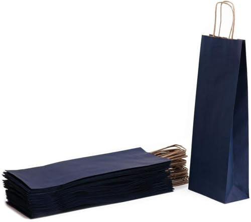 50 x Sac à vin 14+8x40cm pour 1 Bouteille en papier kraft emballage cadeau Noël anniversaire mariages Résistants, écologiques et recyclables (Bleu)