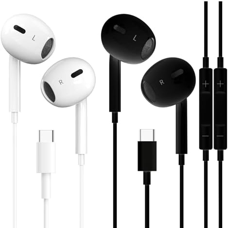 2 Pack USB C Headphones for Apple iPhone 17 16 15, Type C Earphones with Microphone&Noise Cancelling Wired Earbuds for iPhone 17 16 15 Pro Max, iPad Pro,Galaxy S25 S24 Ultra,Pixel 9 (White&Black)