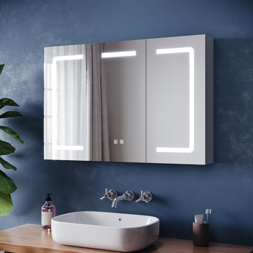 ZANOFIRA Bathroom Mirror Cabinet, 3 Door Large Wall Mounted Cabinet Storage Unit with Touch Switch LED Lights, 3 Colours Dimmable, Defogger and Shaver Socket, 900x600mm Fully Assembled Unit, Grey
