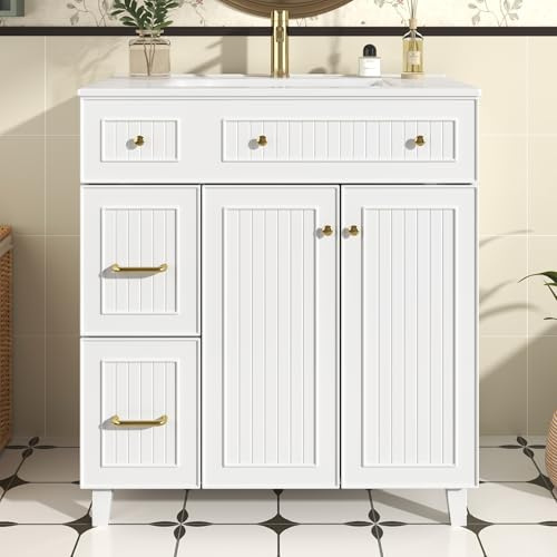 DACHETOU Armario de baño con lavabo Blanco 80x90cm - Armario de baño independiente con lavabo de cerámica, superficie lacada, espacio de almacenamiento multifuncional y patas de madera maciza