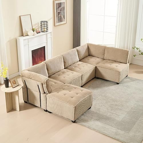FammyLoft Modulares Sofa 6-Sitzer-Sofa, Ecksofa mit Schlaffunktion, Flexibel Sofa l/U Form mit Stauraumtaschen, Cloud Couch, Stabile Holz- und Metallstruktur, Ergonomisch, 308cm, Cordstoff, Khaki