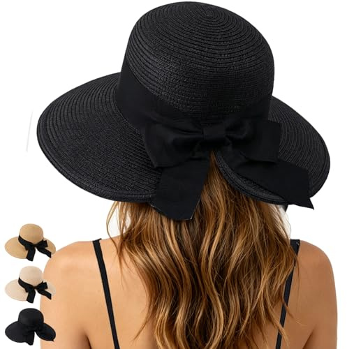 WENAUANG Breite Krempe Stroh Eimer Hut, Damen Sonnenhut, Chapeau Femme Soleil mit Bowknot, Hut Damen Sommer für Reisen, Urlaub und Outdoor-Aktivitäten