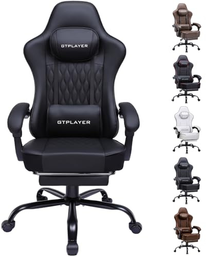 GTPLAYER Gaming Stuhl, Bürostuhl, Ergonomischer PC Stuhl, Höhenverstellbarer Drehstuhl,Armlehnen mit Synchronmechanik, Lendenkissen, Kopfkissen, bis 150 kg Belastbarkeit, Kunstleder, Schwarz