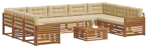 vidaXL Sofagarnituren 10 pcs Natur und Beige Massivholz Akazie, Moderner Garten-Sofa, Outdoor-Sitzgruppe, Lounge-Set für die Terrasse, bequem und robust
