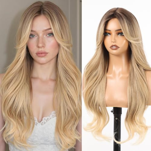 Allbell rotblond ombre syntetisk nätperuk för kvinnor, 71 cm långa våglockar peruk med gardinpony, naturligt medium hårfäste limfri trend ombre stil