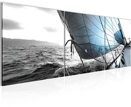 Runa Art - Bilder Wasser Boot 120 x 40 cm 3 Teilig Wandbild auf Vlies Leinwand Türkis Grau Mehrteilig Modern 600933c
