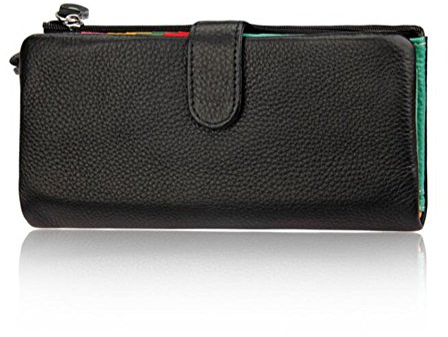 AprinCtempsD Portafoglio in Vera Pelle Porta carte di credito Lungo Portamonete Elegante Pochette Grande Capacità Cerniera per Donna (Nero)