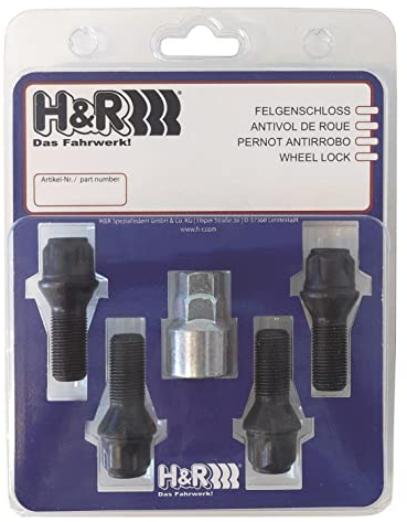 H&R Felgenschloss-Set M12x1.50x30mm Kegelbund Schwarz - 4 Felgenschloss-Schrauben inkl. Adapter