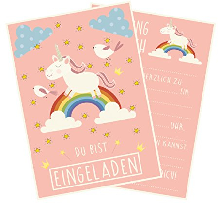 ALDD 12 Einladungskarten für Deine Geburtstags-Party im Einhorn Style, Regenbogen und Wolken, ideal für Mädchen