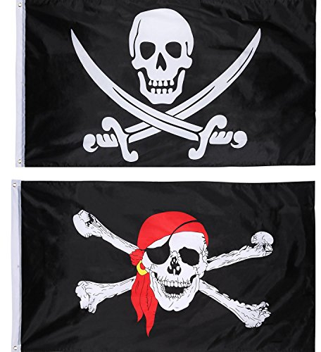 Hestya 2 banderas piratas Jolly Roger para fiesta pirata, regalo de cumpleaños, día del pirata, decoración de Halloween, 3 x 5 pies