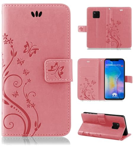 betterfon Hülle Kompatibel mit Huawei Mate 20 Pro | Premium PU Leder Handyhülle Wallet Case für Mate 20 Pro | Schutzhülle Blumen Klapphülle Handyhülle | Rosa