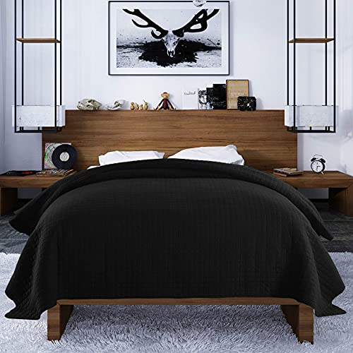 Laneetal Tagesdecke 1 Stück Bettüberwurf Steppdecke Patchwork Flanelle Wendedesign Kariert, Bettdecke Stepp Decke Doppelbett unterfüttert und Gesteppt, Schwarz, 220x240 cm