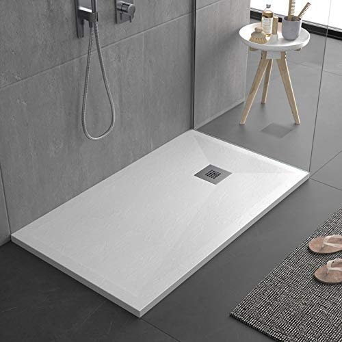 Receveur de douche blanc en mineralmarbre avec surface effet pierre ardoise, slim 3 cm, revêtu de Gelcoat, antidérapant