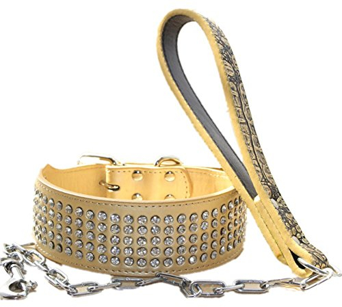 haoyueer Hundehalsband mit Leder-Strasssteinen, 5,1 cm breit, für Pitbull, Bulldogge, Dobermann, Größe L, goldfarben