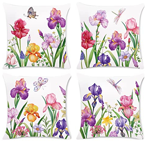 Bonhause 4er Set Kissenbezüge Frühling Blumen 45 x 45 cm Narzisse Iris Blume Garten Dekorative Kissenhülle Zierkissenbezüge für Sofa Schlafzimmer Wohnzimmer Auto Zuhause Dekoration