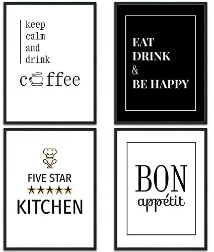 MUUDLY® Premium Poster Set, Moderne Wandbilder mit Sprüchen als Wohnzimmer und Schlafzimmer Deko, Sprüche und Zitate, 4 x DIN A4 Bilder (Küche, ohne Rahmen)