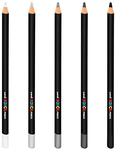 Uni POSCA Farbstift - Professionelle Öl- und Wachsfarbstifte - KPE-200 - Einfarbig, 5 Stück, Schwarz, Dunkelgrau, Grau, Hellgrau, Weiß