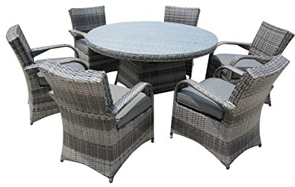 Rattan Garden Dinning Set 6 Seater, Garden Furniture Sets 7 Piece Outdoor Wicker Patio Round Dining Table and Chairs Set RUST FREE ALUMINIUM FRAME FULLY ASSEMBLED- Grey with Grey Cushion