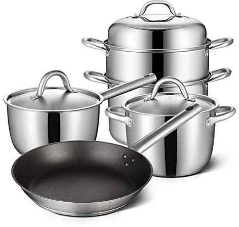 WIQUYBML Juego de Utensilios de Cocina, Juegos de ollas y sartenes de Acero Inoxidable de 4 Piezas, Seguro para inducción, Cacerola, Cacerola con Tapa, vaporera, sartén (Juego de 4) Adecuado para una