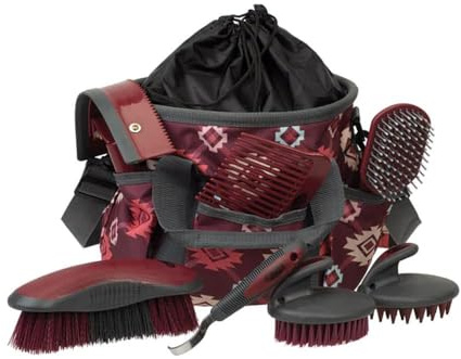 Weaver Equine Horse Grooming Kit, 7-Piece Horse Brush Set with Organizer Tote Bag, Hoof Pick, Comb, Sweat Scraper, Equine Tools for Daily Grooming, Plaid Aztec