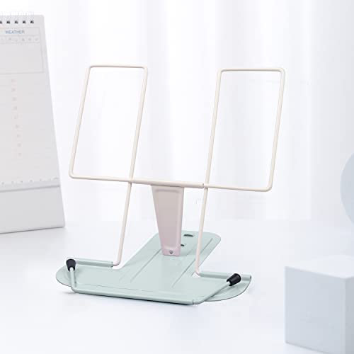 MSDADA Metal Book Stand for Desk, Adjustable Reading Rest, Portable Cookbook & Document Holder, Sturdy Typing Stand for Recipes, Textbooks, Tablets & Music Books (Milky White + Macaron Green)