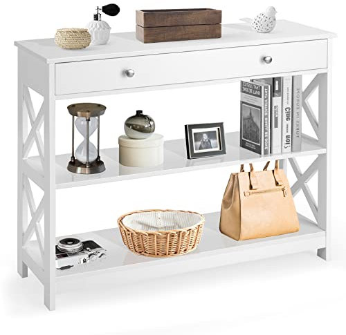 COSTWAY Console Table, X-Shaped Sofa Side End Table with Drawer and 2 Storage Shelves, Wooden Narrow Hall Desk Display Accent Table for Living Room Bedroom Entryway Hallway (White)