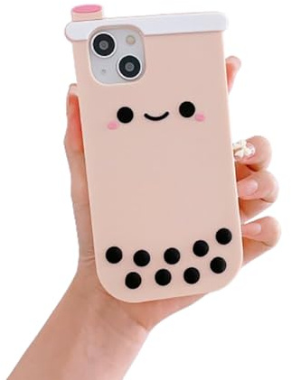 wifantien 3D-Schutzhülle für iPhone 13/iPhone 14, 15,5 cm (6,1 Zoll), Cartoon-Motiv, niedliches Kawaii-Charakter, lächelndes Gesicht, Boba-Tee, Kinder, Teenager, Mädchen, Frauen, weiche Silikonhülle