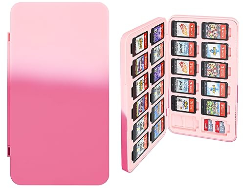 DLseego Switch Spiel Aufbewahrungsbox, 24 Game Card Slots und 48 SD Card Slots, Weiches Silikon Futter, Magnetverschluss - Rosa und rot