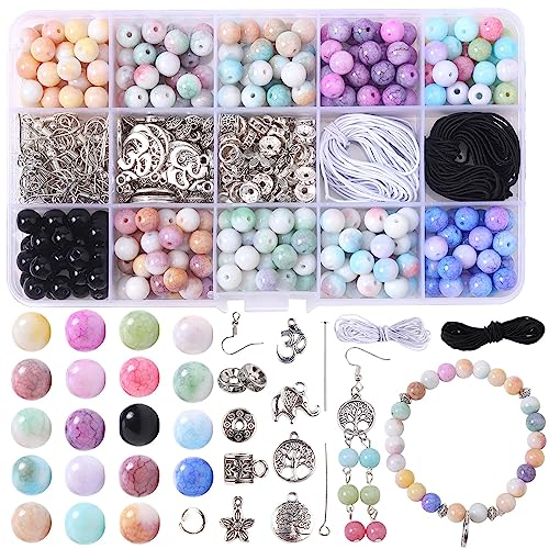 Nenjindz Edelstein Perlen Kristall Perlen für Schmuck machen, 8mm farbige Perlen blauen Stein Perlen Crackle Glas Perlen für Armbänder Ohrring Schmuck machen Kit Erwachsene Handwerk Armbänder Sets