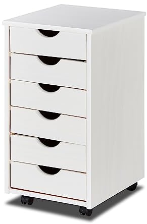 KHG Rollcontainer weiß Kiefer Echtholz 6 Schubladen mit leichtgängigen Rollen 65x40x35 cm