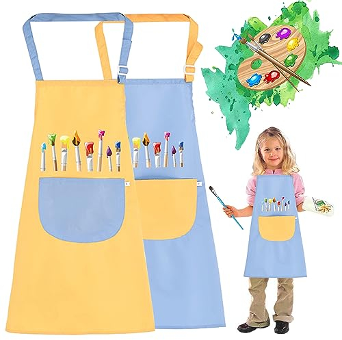 LYNBLY 2 Stück Malschürze Kinder, Verstellbare Kochschürze Set für Jungen Mädchen, Mit Tasche Wasserdichte Schürzen zum Malen, Kochen, Backen, Gartenarbeit, DIY Kunst