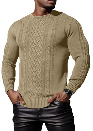 Hisir Men's Winter Thick Cable Knit Jumpers Casual Crew Neck Warm Long Sleeve Pullover Sweater Tops for Men (Khaki, L)