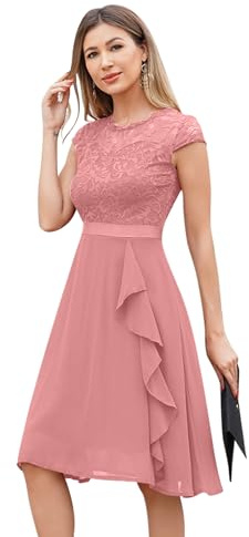 Odizli - Robe de cocktail pour femme - Manches courtes élégantes en dentelle avec volants en mousseline - Robe de fête de mariage courte pour soirée, rose, M