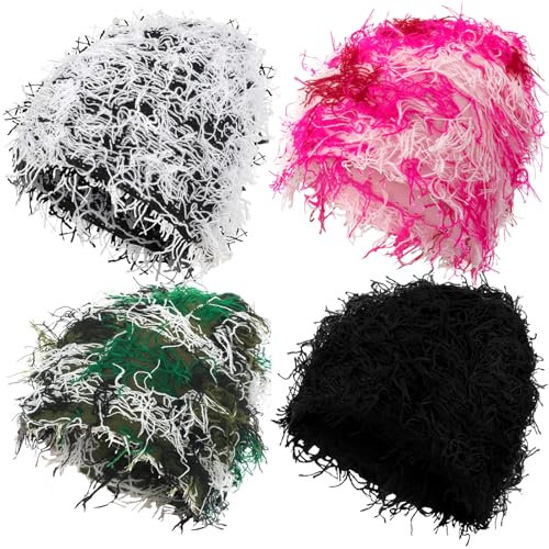 Lewtemi 4 Stück Unisex Distressed Balaclava Winter Warm Strick Beanie Outdoor Fuzzy Winter Mütze Knit Beanie Cap für Männer Frauen, Neuartige Farben, Einheitsgröße