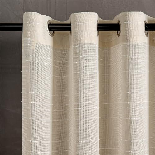 MYSKY HOME Gardine Vorhänge mit Ösen Gardinen Weiss Streifen Vorhang Wohnzimmer Schlafzimmer 2er Set Halbtransparent Voile Curtains for kinderzimmer, H 175 x B 140 cm, Beige.