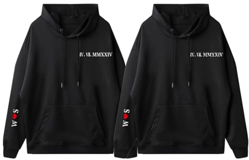 ALICESER Felpa con cappuccio con numeri romani ricamati personalizzati, felpe con cappuccio abbinate personalizzate, regalo di Natale per San Valentino per coppia, Pullover, Medium