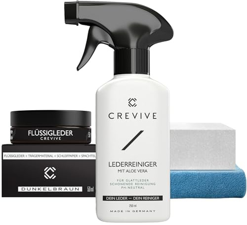 CREVIVE Flüssigleder Dunkelbraun 50 ml & Lederreiniger 250 ml - Leder Reparatur Set Braun - Kunstleder Reparaturset - Lederreparaturset für Sofa, Couch, Lenkrad, Autositze