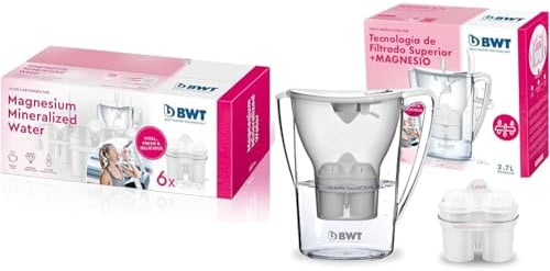 BWT - Jarra filtradora de agua 2,6L + 6 Filtros con magnesio - 6 Meses de uso - Potencia el sabor, reduce la cal, el cloro y las impurezas del agua - Jarra Vida contador manual + 1 filtro para un mes