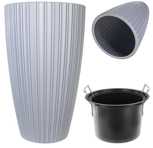 KADAX Runder Blumentopf, Dekorativer Blumenübertopf mit Inneneinsatz, Übertopf aus Kunststoff, Pflanztopf für Innen und Außenbereich (Grau)