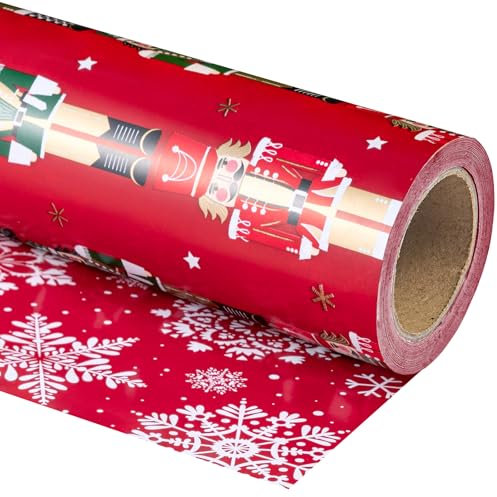 WRAPAHOLIC Reversible Nutcracker Christmas Wrapping Paper - Mini Roll - 17 Inch x 33 Feet - Red Nutcracker and Snowflake Wrapping Paper for Christmas, Holiday, Party
