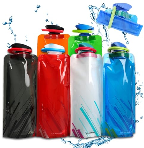 sunnilly 6 Stück Faltbare Wasserflaschen, 700ML Faltbare Trinkflasche, Wiederverwendbare BPA-freie Wasserflasche, Flexible Zusammenklappbare mit Clip für Outdoor-Sport, Reisen, Radfahren, Wandern