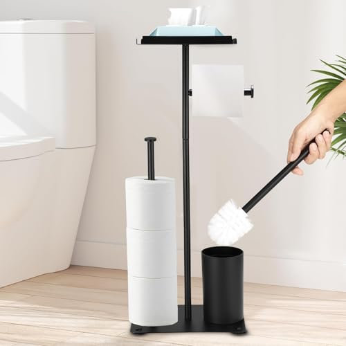 Toilet Roll Holder with Toilet Brush, Free Standing Toilet Roll Holder, Stainless Steel Toilet Paper Storage with Shelf, Matte Black Toilet Paper Holder and Toilet Brush for Home, Hotel